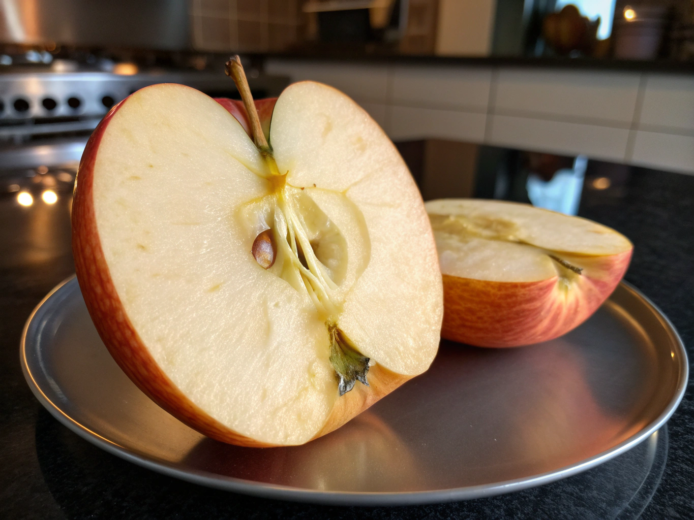 Macro botanical study of a bicolored orchard apple showing lenticel structure